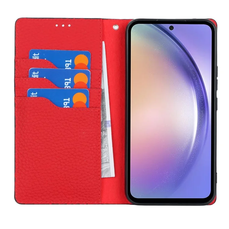 Para Samsung Galaxy A54 5G Funda de Cuero Genuino de Vaca Flip Case Textura Litchi Billetera Soporte Funda de Teléfono con Correa - Negro