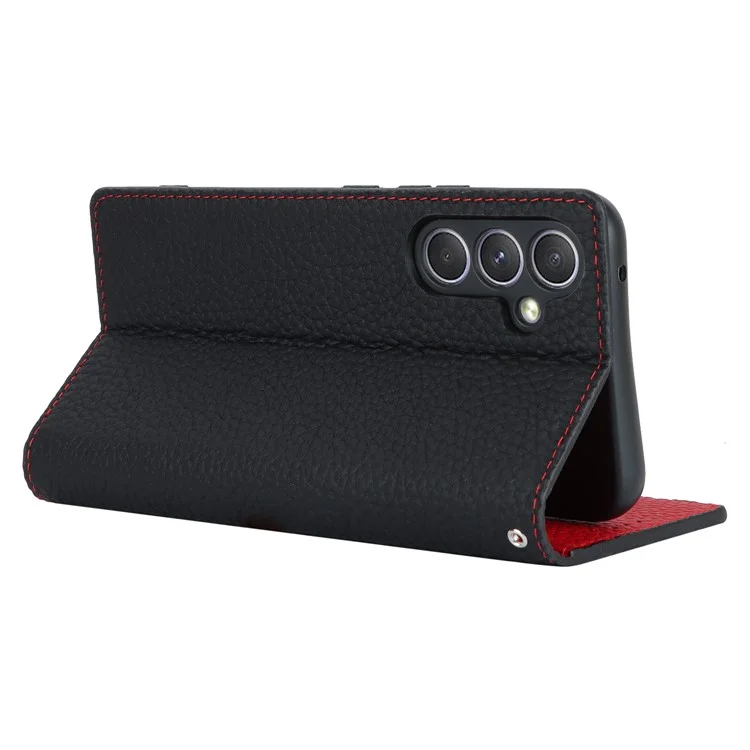 Para Samsung Galaxy A54 5G Funda de Cuero Genuino de Vaca Flip Case Textura Litchi Billetera Soporte Funda de Teléfono con Correa - Negro