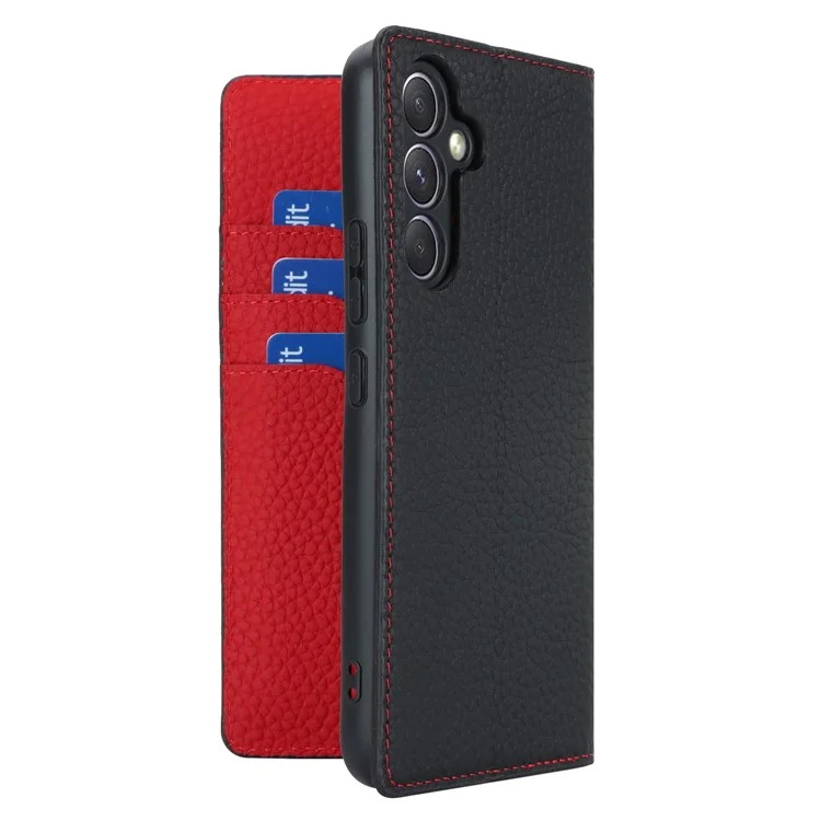 Para Samsung Galaxy A54 5G Funda de Cuero Genuino de Vaca Flip Case Textura Litchi Billetera Soporte Funda de Teléfono con Correa - Negro