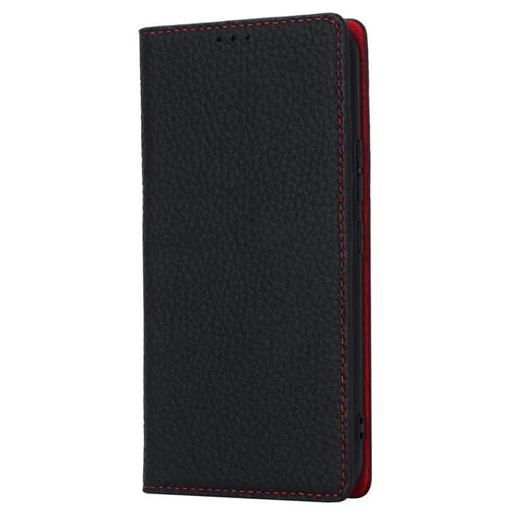 Para Samsung Galaxy A54 5G Funda de Cuero Genuino de Vaca Flip Case Textura Litchi Billetera Soporte Funda de Teléfono con Correa - Negro