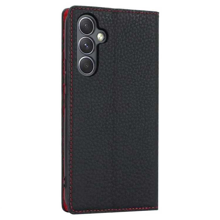 Para Samsung Galaxy A54 5G Funda de Cuero Genuino de Vaca Flip Case Textura Litchi Billetera Soporte Funda de Teléfono con Correa - Negro