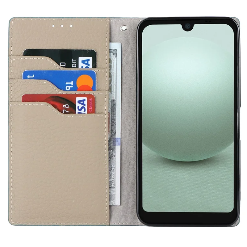 For Sharp Aquos Wish3 Genuine Cow Leather Wallet Case Litchi Texture Stand Phone Cover with Strap - Baby Blue