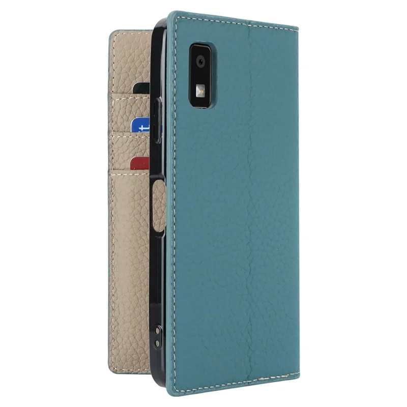 For Sharp Aquos Wish3 Genuine Cow Leather Wallet Case Litchi Texture Stand Phone Cover with Strap - Baby Blue