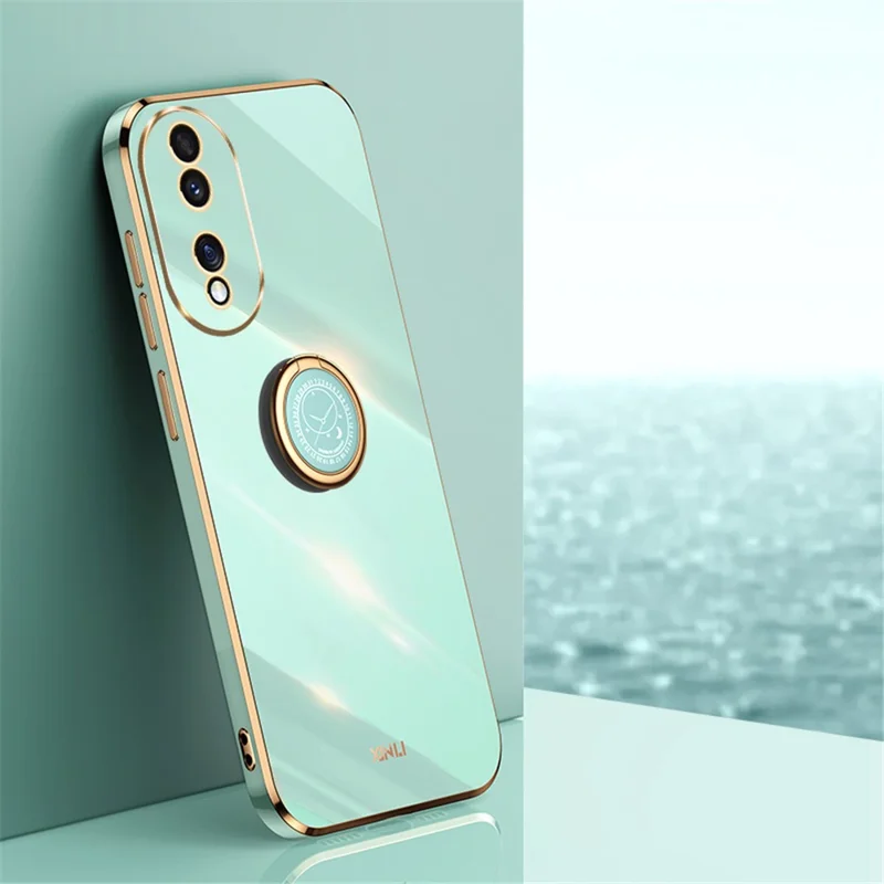 XINLI For Honor 90 Electroplated TPU Back Cover Anti-scratch Phone Case with Ring Kickstand - Cyan