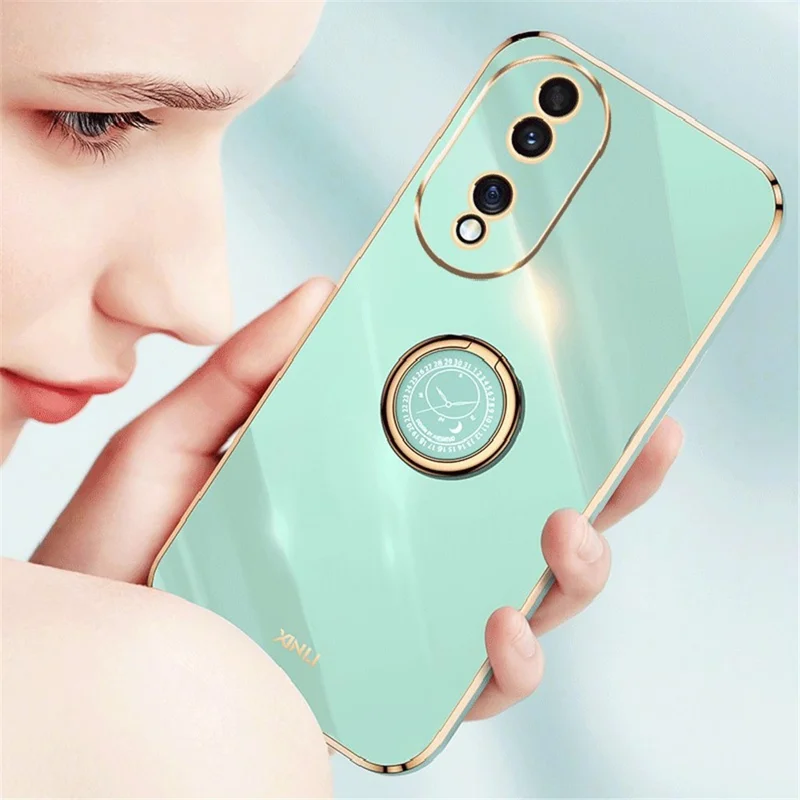 XINLI For Honor 90 Electroplated TPU Back Cover Anti-scratch Phone Case with Ring Kickstand - Cyan