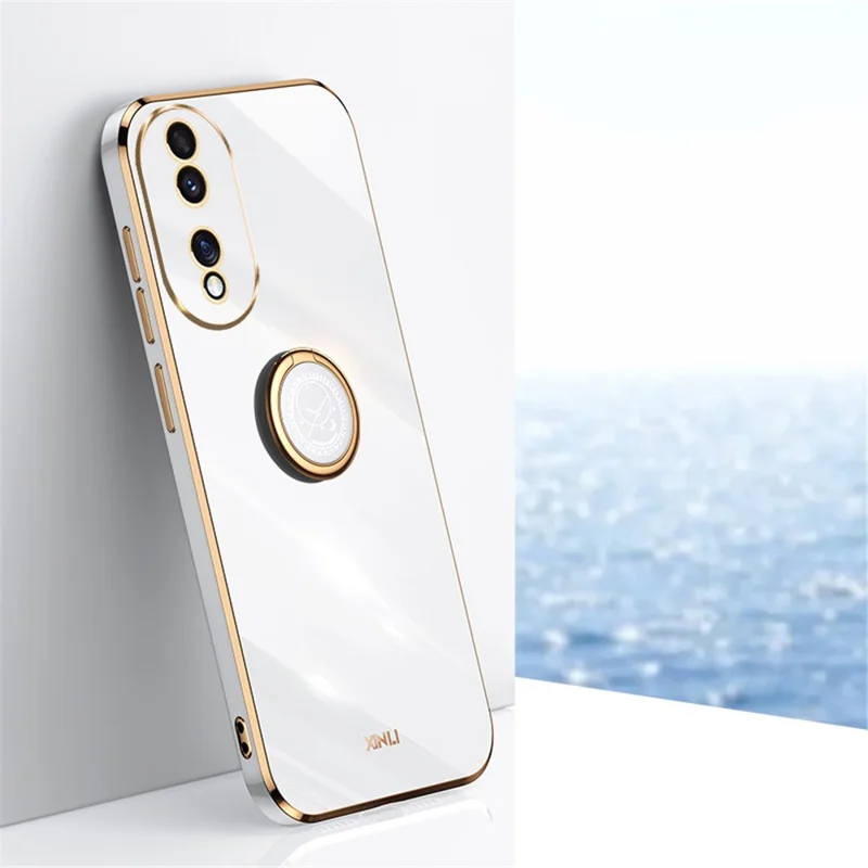 XINLI For Honor 90 Electroplated TPU Back Cover Anti-scratch Phone Case with Ring Kickstand - White