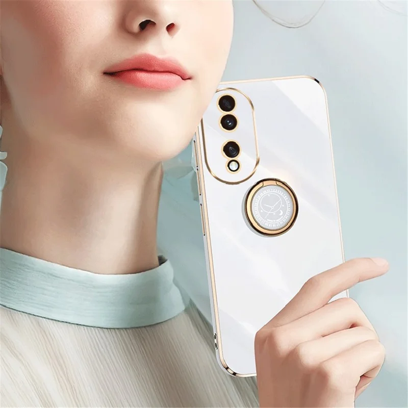 XINLI For Honor 90 Electroplated TPU Back Cover Anti-scratch Phone Case with Ring Kickstand - White