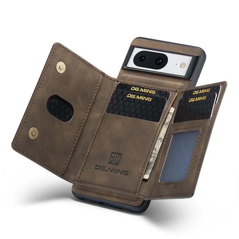 DG.MING M2 Series for Google Pixel 8 Magnetic Detachable Back Cover Leather Coated PC+TPU Kickstand Wallet Phone Case - Coffee