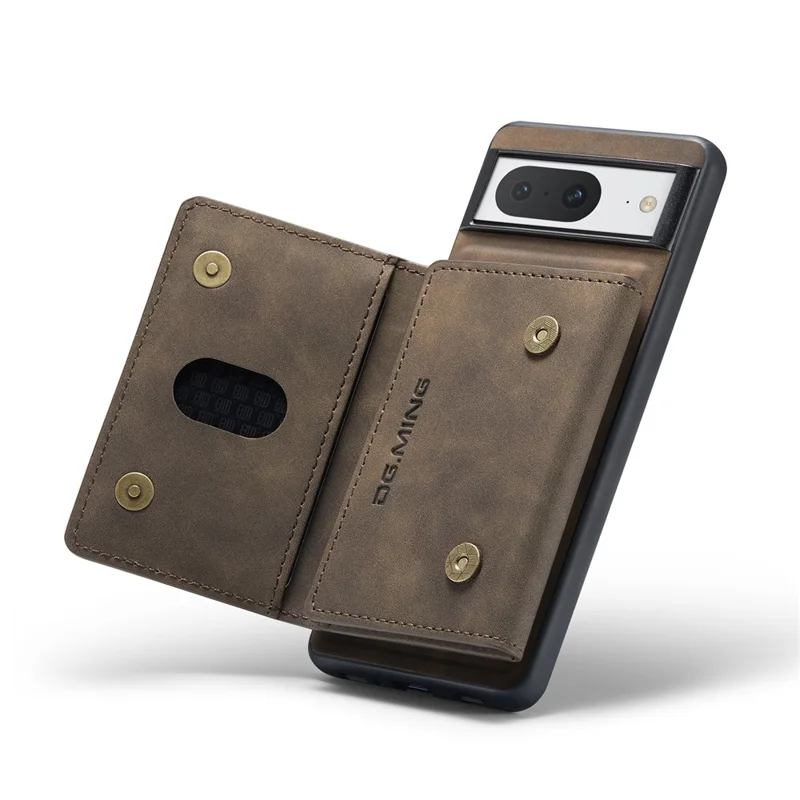 DG.MING M2 Series for Google Pixel 8 Magnetic Detachable Back Cover Leather Coated PC+TPU Kickstand Wallet Phone Case - Coffee
