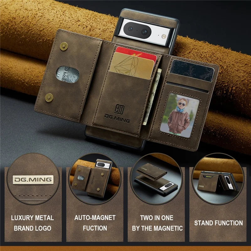 DG.MING M2 Series for Google Pixel 8 Magnetic Detachable Back Cover Leather Coated PC+TPU Kickstand Wallet Phone Case - Coffee