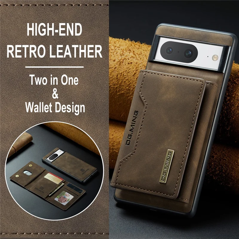 DG.MING M2 Series for Google Pixel 8 Magnetic Detachable Back Cover Leather Coated PC+TPU Kickstand Wallet Phone Case - Coffee