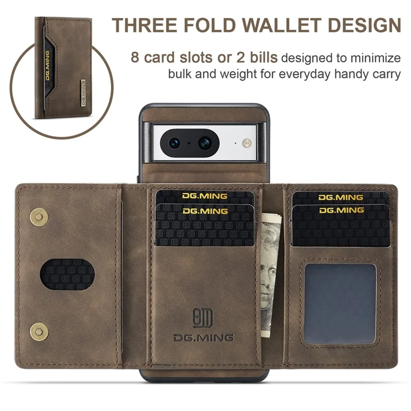 DG.MING M2 Series for Google Pixel 8 Magnetic Detachable Back Cover Leather Coated PC+TPU Kickstand Wallet Phone Case - Coffee