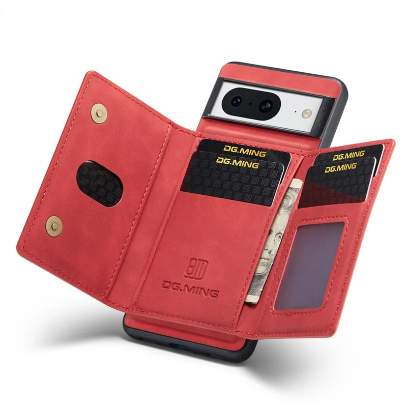 DG.MING M2 Series for Google Pixel 8 Magnetic Detachable Back Cover Leather Coated PC+TPU Kickstand Wallet Phone Case - Red