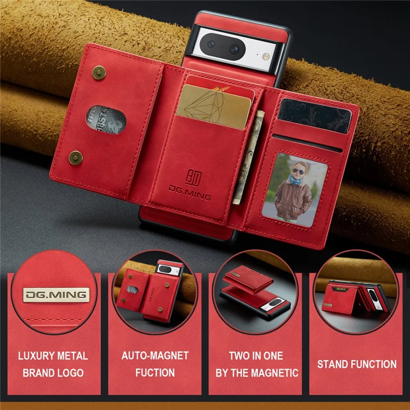 DG.MING M2 Series for Google Pixel 8 Magnetic Detachable Back Cover Leather Coated PC+TPU Kickstand Wallet Phone Case - Red