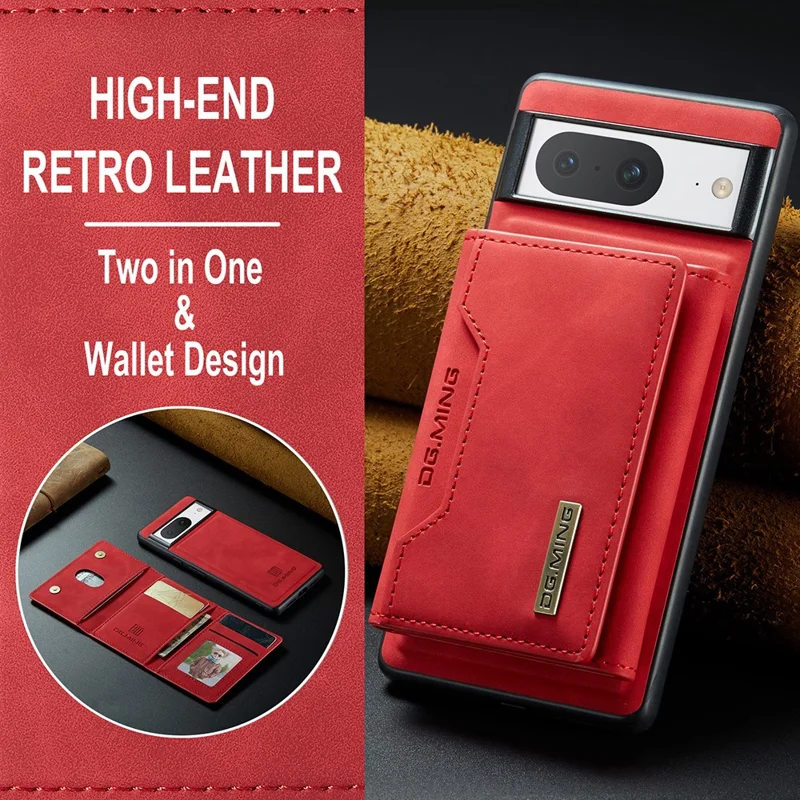 DG.MING M2 Series for Google Pixel 8 Magnetic Detachable Back Cover Leather Coated PC+TPU Kickstand Wallet Phone Case - Red