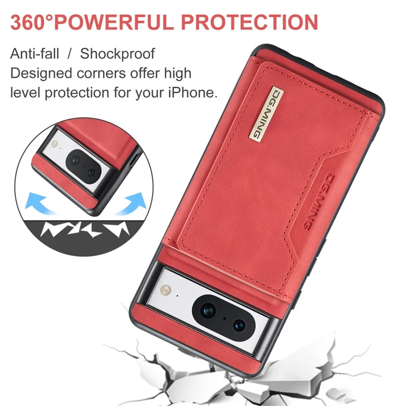 DG.MING M2 Series for Google Pixel 8 Magnetic Detachable Back Cover Leather Coated PC+TPU Kickstand Wallet Phone Case - Red
