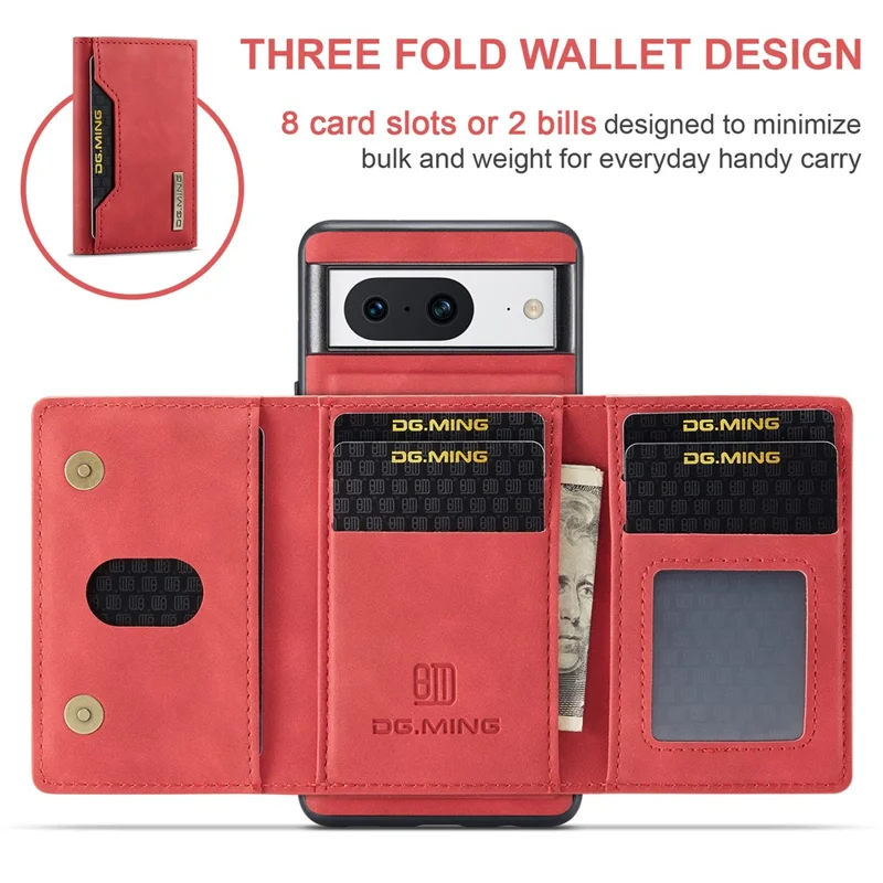 DG.MING M2 Series for Google Pixel 8 Magnetic Detachable Back Cover Leather Coated PC+TPU Kickstand Wallet Phone Case - Red