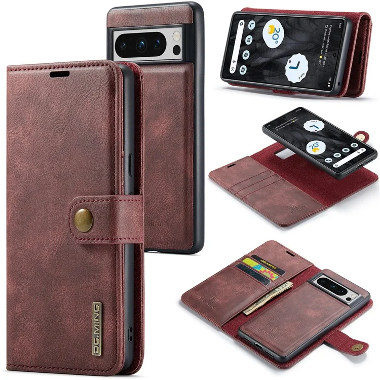 DG.MING For Google Pixel 8 Pro Detachable Magnetic Phone Case Anti-scratch Split Leather Wallet Stand Cover - Red