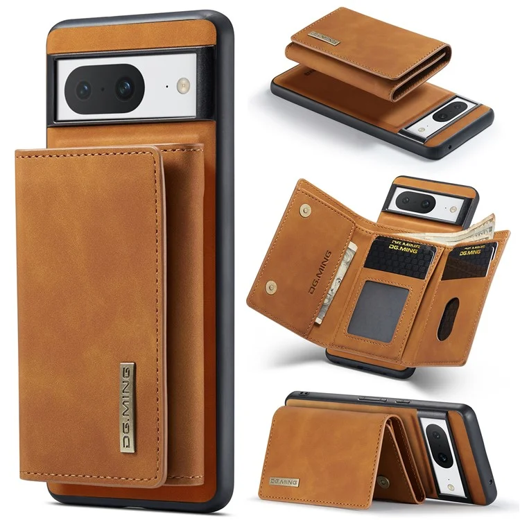 DG.MING M1 Series For Google Pixel 8 Magnetic Wallet Kickstand Phone Case Anti-drop PC+TPU+Leather Coated Back Cover - Brown