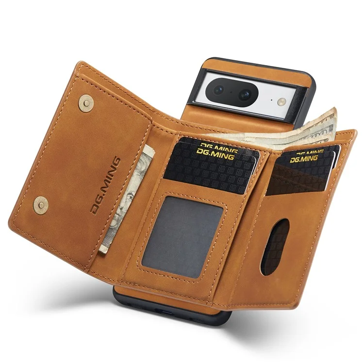 DG.MING M1 Series For Google Pixel 8 Magnetic Wallet Kickstand Phone Case Anti-drop PC+TPU+Leather Coated Back Cover - Brown