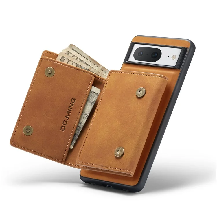 DG.MING M1 Series For Google Pixel 8 Magnetic Wallet Kickstand Phone Case Anti-drop PC+TPU+Leather Coated Back Cover - Brown