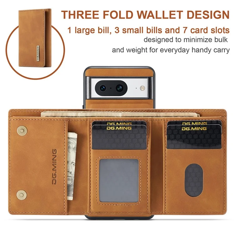 DG.MING M1 Series For Google Pixel 8 Magnetic Wallet Kickstand Phone Case Anti-drop PC+TPU+Leather Coated Back Cover - Brown
