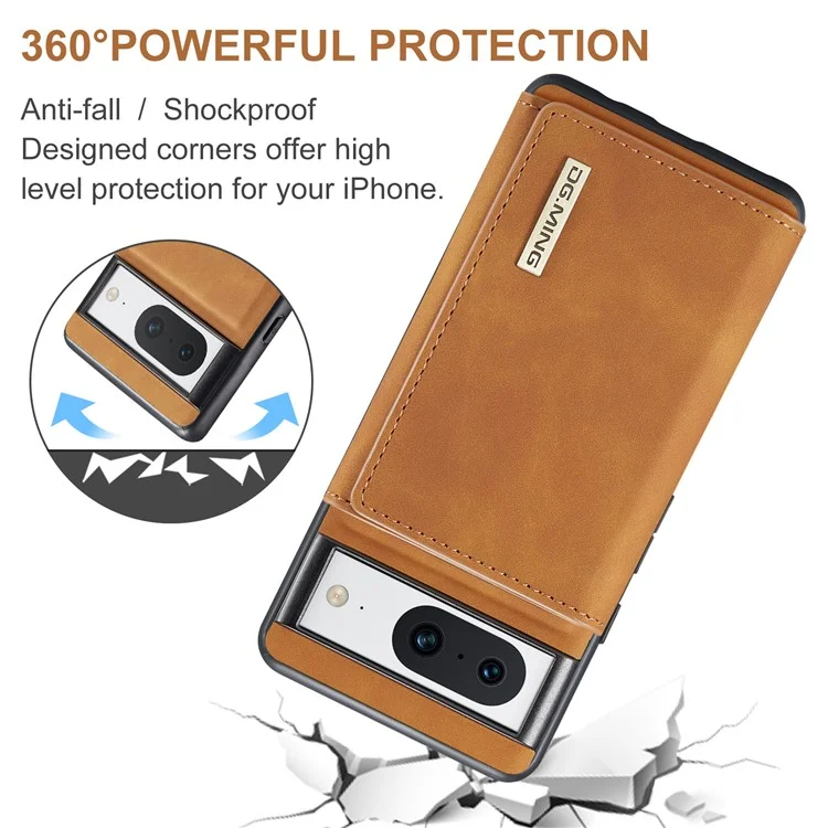 DG.MING M1 Series For Google Pixel 8 Magnetic Wallet Kickstand Phone Case Anti-drop PC+TPU+Leather Coated Back Cover - Brown
