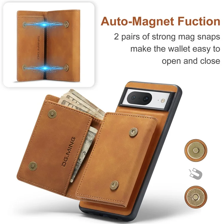 DG.MING M1 Series For Google Pixel 8 Magnetic Wallet Kickstand Phone Case Anti-drop PC+TPU+Leather Coated Back Cover - Brown