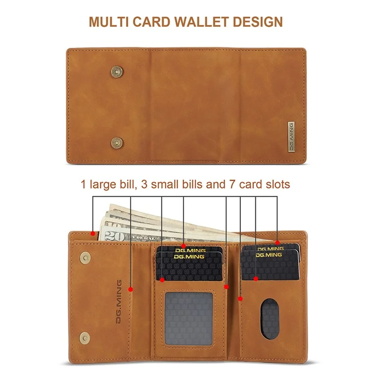 DG.MING M1 Series For Google Pixel 8 Magnetic Wallet Kickstand Phone Case Anti-drop PC+TPU+Leather Coated Back Cover - Brown