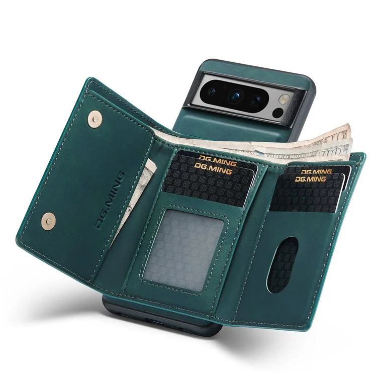 DG.MING M1 Series For Google Pixel 8 Pro Magnetic Wallet Kickstand Phone Case PC+TPU Leather Coated Shockproof Cover - Green