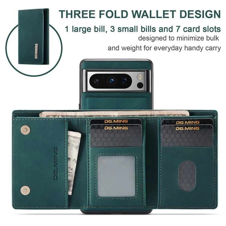 DG.MING M1 Series For Google Pixel 8 Pro Magnetic Wallet Kickstand Phone Case PC+TPU Leather Coated Shockproof Cover - Green