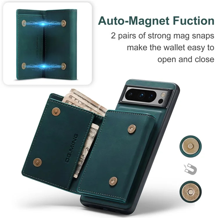 DG.MING M1 Series For Google Pixel 8 Pro Magnetic Wallet Kickstand Phone Case PC+TPU Leather Coated Shockproof Cover - Green