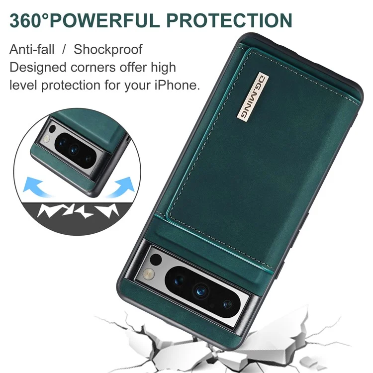DG.MING M1 Series For Google Pixel 8 Pro Magnetic Wallet Kickstand Phone Case PC+TPU Leather Coated Shockproof Cover - Green