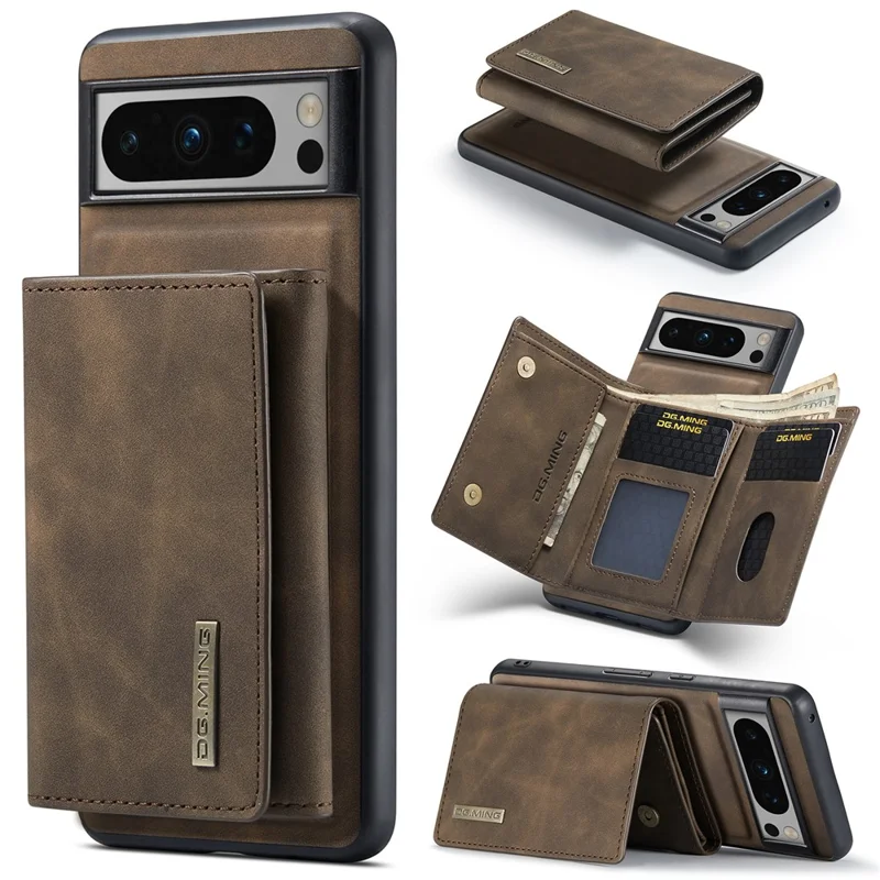 DG.MING M1 Series For Google Pixel 8 Pro Magnetic Wallet Kickstand Phone Case PC+TPU Leather Coated Shockproof Cover - Coffee