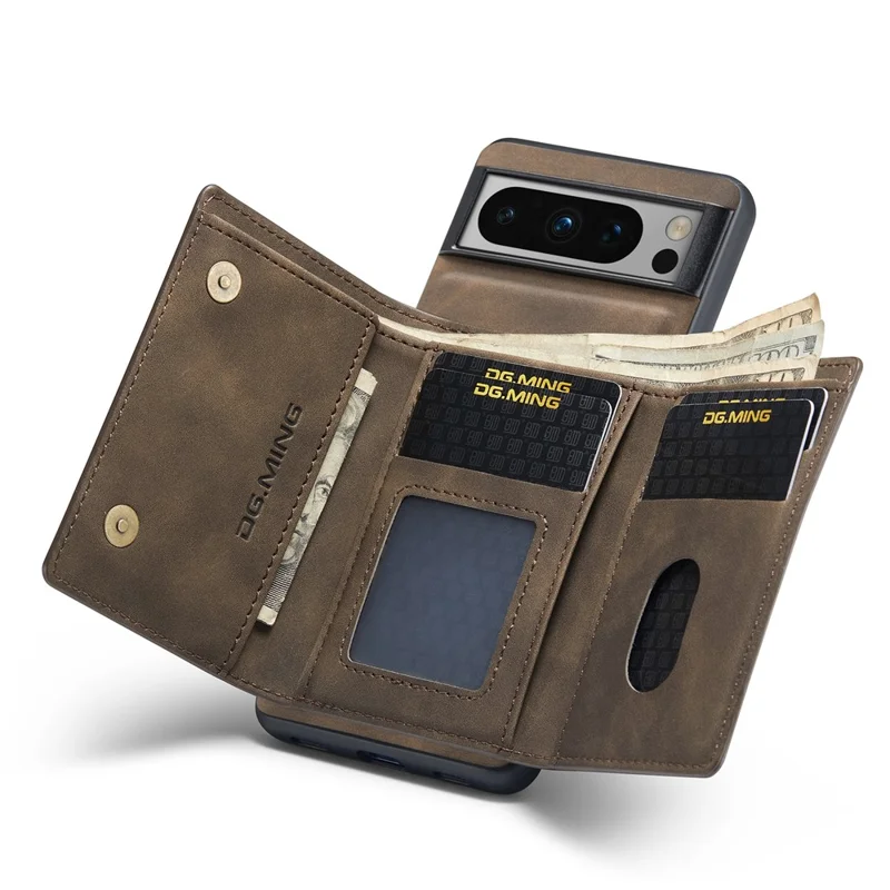 DG.MING M1 Series For Google Pixel 8 Pro Magnetic Wallet Kickstand Phone Case PC+TPU Leather Coated Shockproof Cover - Coffee