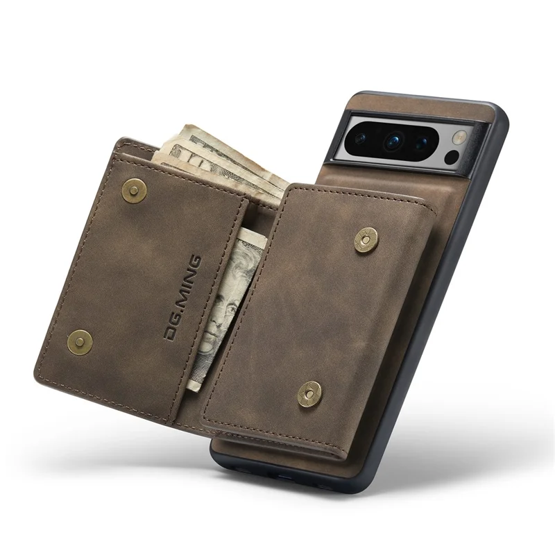 DG.MING M1 Series For Google Pixel 8 Pro Magnetic Wallet Kickstand Phone Case PC+TPU Leather Coated Shockproof Cover - Coffee