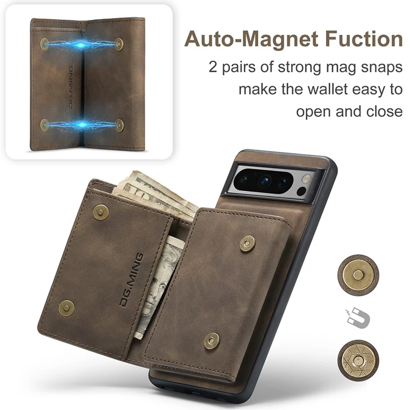 DG.MING M1 Series For Google Pixel 8 Pro Magnetic Wallet Kickstand Phone Case PC+TPU Leather Coated Shockproof Cover - Coffee