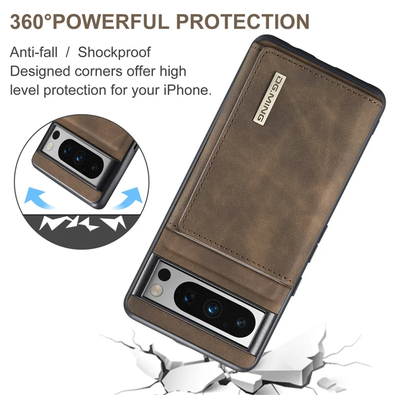 DG.MING M1 Series For Google Pixel 8 Pro Magnetic Wallet Kickstand Phone Case PC+TPU Leather Coated Shockproof Cover - Coffee