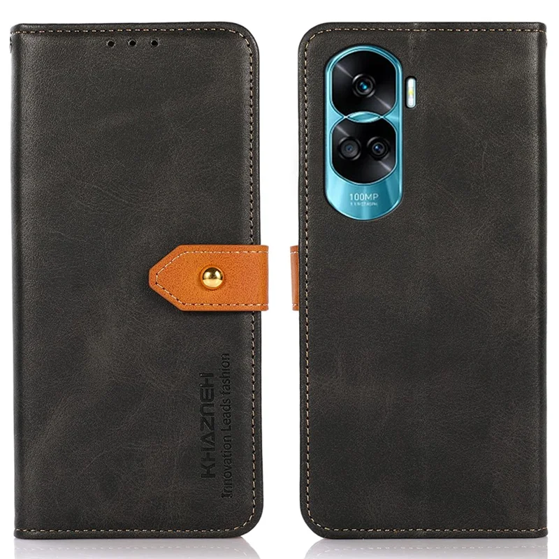 KHAZNEH For Honor 90 Lite 5G / X50i 5G Cowhide Texture Stand Phone Cover Wallet PU Leather Case - Black
