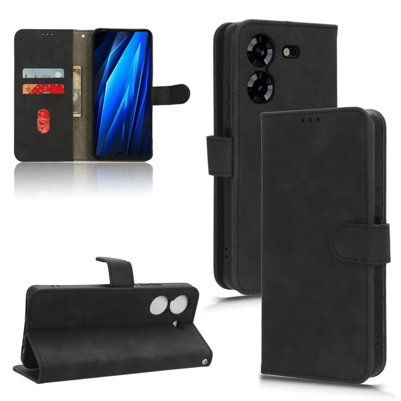 Pour TECNO Pova 5 4G Skin-Touch Stand Phone Case PU Leather Wallet Anti-Drop Phone Cover - Noir