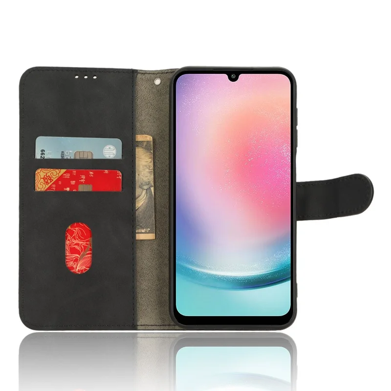 For Samsung Galaxy A24 4G (162.1 x 77.6 x 8.3mm) PU Leather Wallet Cell Phone Cover Anti-Dust Skin-touch Stand Case - Black