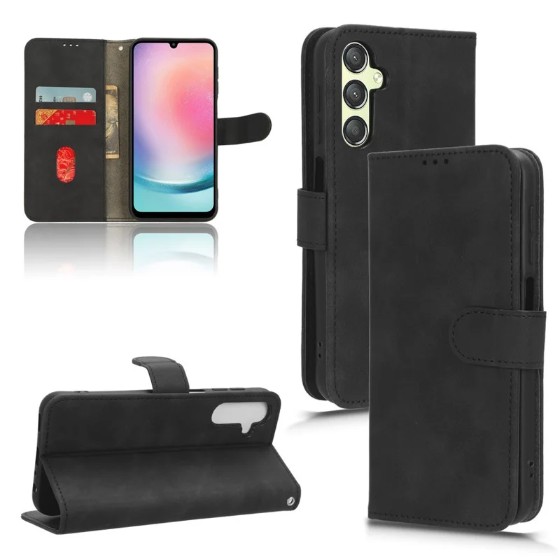 For Samsung Galaxy A24 4G (162.1 x 77.6 x 8.3mm) PU Leather Wallet Cell Phone Cover Anti-Dust Skin-touch Stand Case - Black