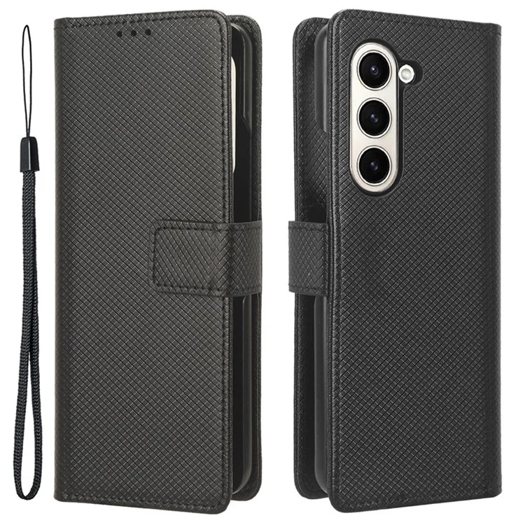 Für Samsung Galaxy Z Fold5 5G PU-Leder-Brieftaschenhülle mit Ständer Diamantstruktur Handyhülle - Schwarz