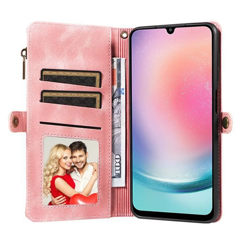 Pour Samsung Galaxy A25 5G (Global) (161,0 x 76,5 x 8,3 mm) Zipper Pocket Wallet Stand Leather Case Drop-proof Phone Cover with Strap - Rose