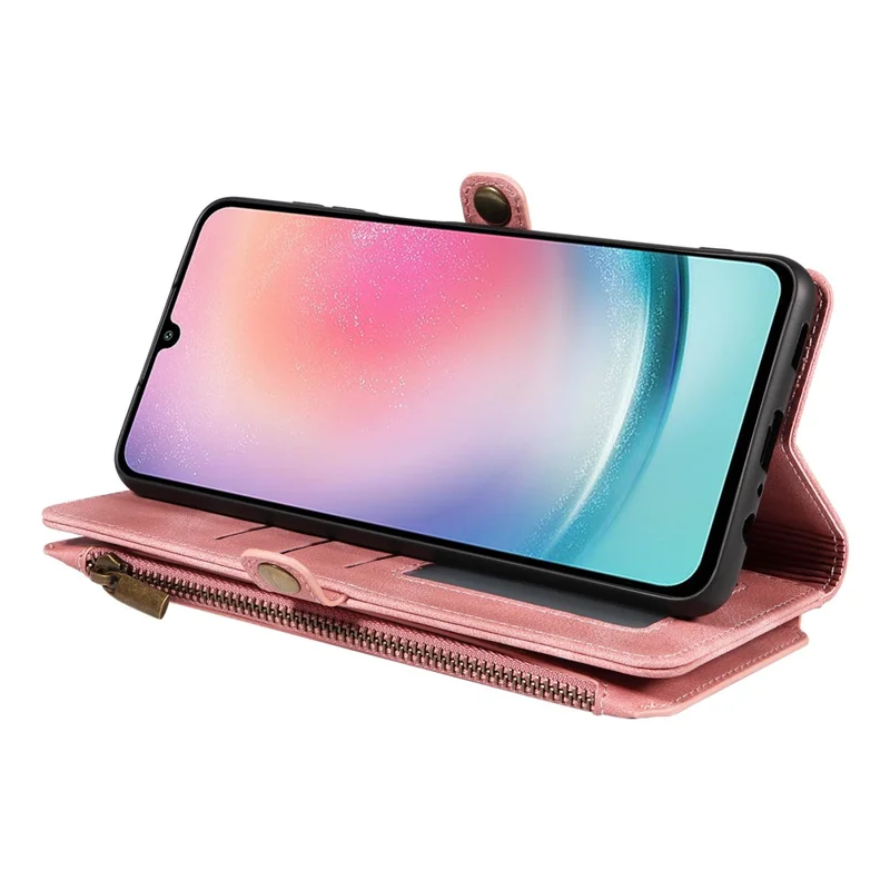 Pour Samsung Galaxy A25 5G (Global) (161,0 x 76,5 x 8,3 mm) Zipper Pocket Wallet Stand Leather Case Drop-proof Phone Cover with Strap - Rose