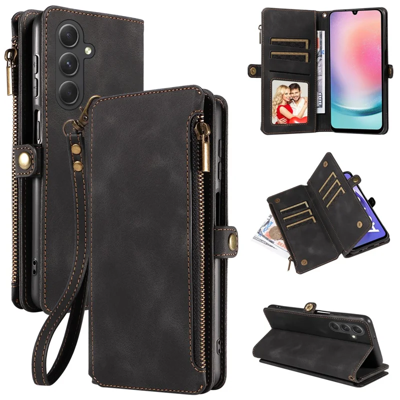 For Samsung Galaxy A25 5G (Global) (161.0 x 76.5 x 8.3mm) Zipper Pocket Wallet Stand Leather Case Drop-proof Phone Cover with Strap - Black