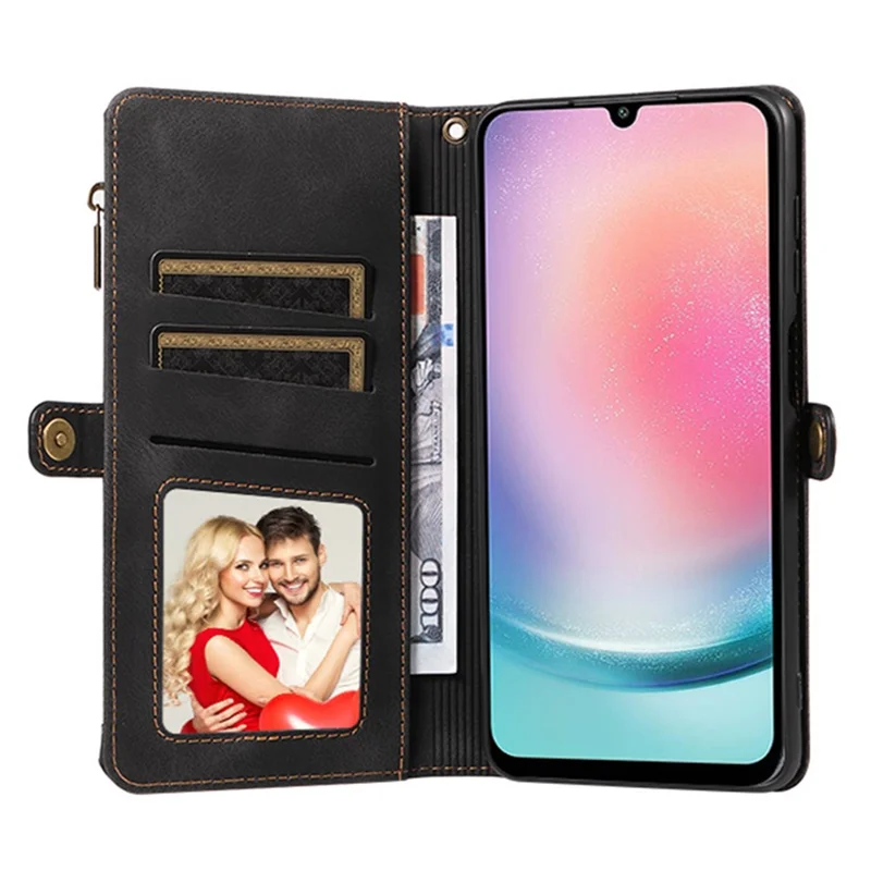 For Samsung Galaxy A25 5G (Global) (161.0 x 76.5 x 8.3mm) Zipper Pocket Wallet Stand Leather Case Drop-proof Phone Cover with Strap - Black