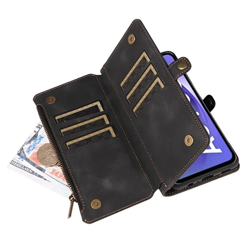 For Samsung Galaxy A25 5G (Global) (161.0 x 76.5 x 8.3mm) Zipper Pocket Wallet Stand Leather Case Drop-proof Phone Cover with Strap - Black