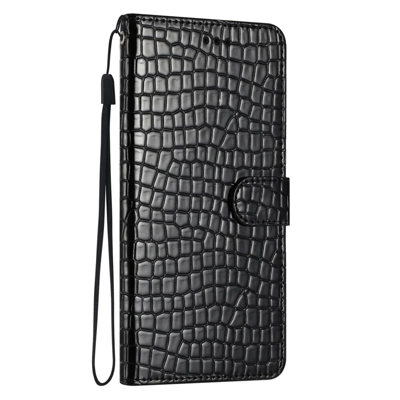 Capa de Suporte para Samsung Galaxy A14 4G / 5G Textura de Crocodilo Capa de Carteira de Couro PU com Alça de Mão - Preto