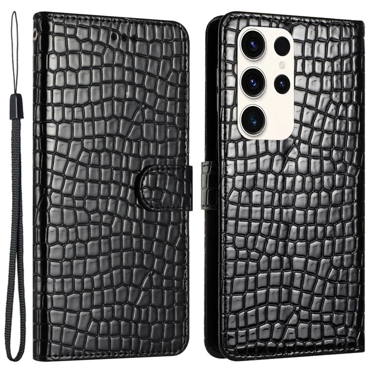 Pour Samsung Galaxy S23 Ultra Crocodile Texture Foldable Stand Leather Cover Phone Wallet Case avec Main Strap - Noir